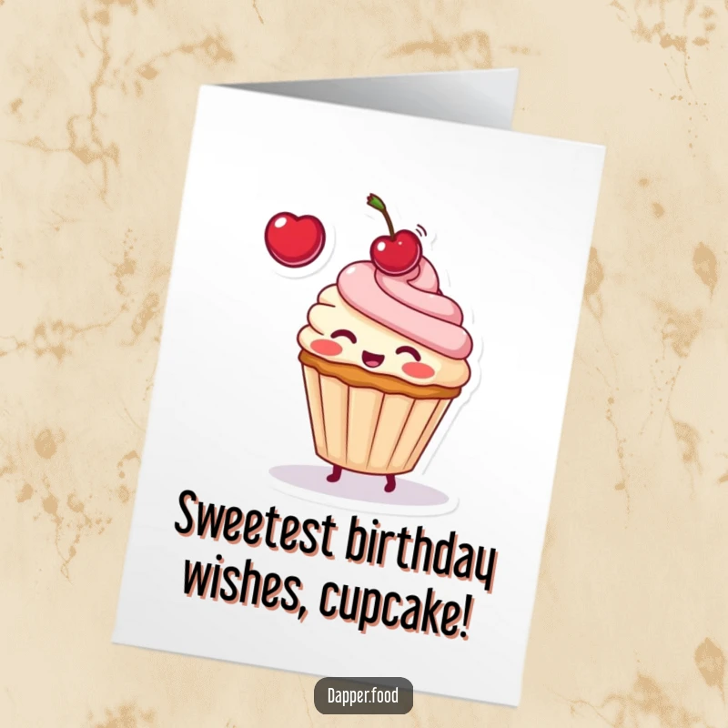 Funny Free Printable Birthday Card: Blushing cupcake character playfully tossing a cherry, sweet and celebratory art.
