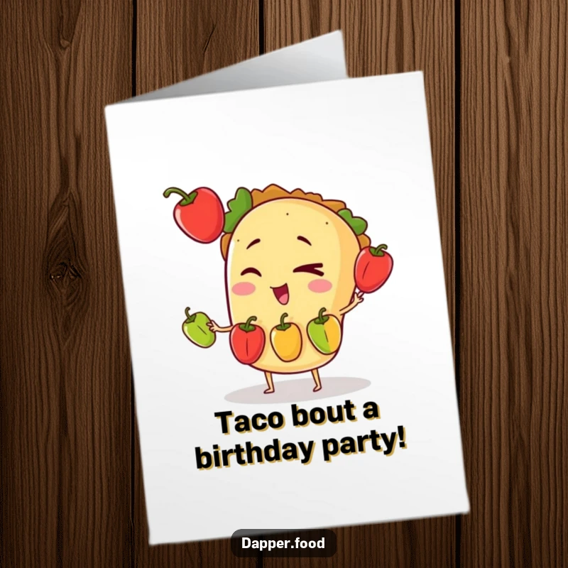 Funny Free Printable Birthday Card: Winking taco character juggling three tiny bell peppers, festive and playful art.