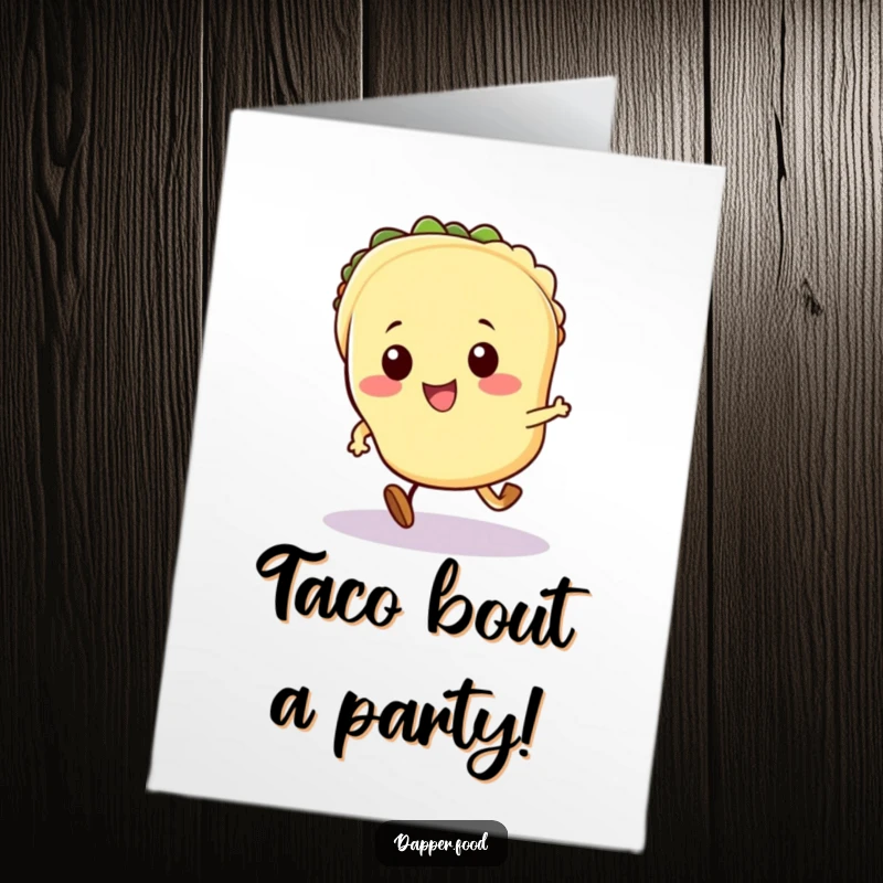 Funny Free Printable Birthday Card: A Kawaii taco with tiny legs running joyfully, covered in festive sprinkles for a happy celebration.