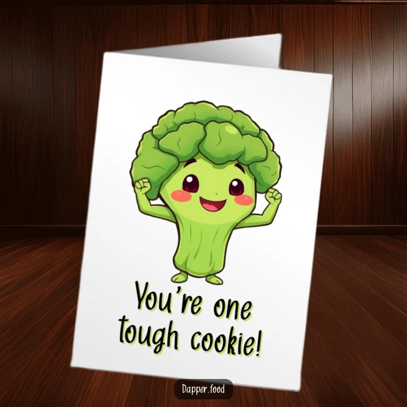 Funny Free Printable Birthday Card: Smiling broccoli flexing its tiny muscles with determination.