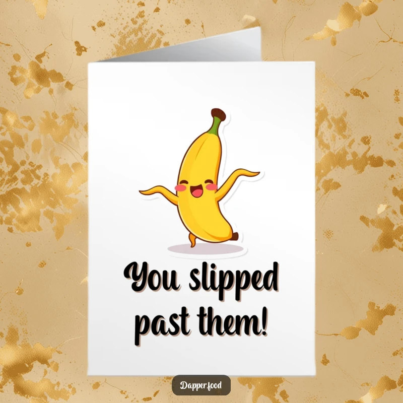 Funny Free Printable Congrats Card: Giggling banana doing a cartwheel, peel flying, celebrating success with playful energy, art download.
