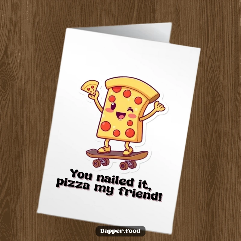 Funny Free Printable Congrats Card: Pizza character on skateboard, celebrating success with a daring trick, downloadable.