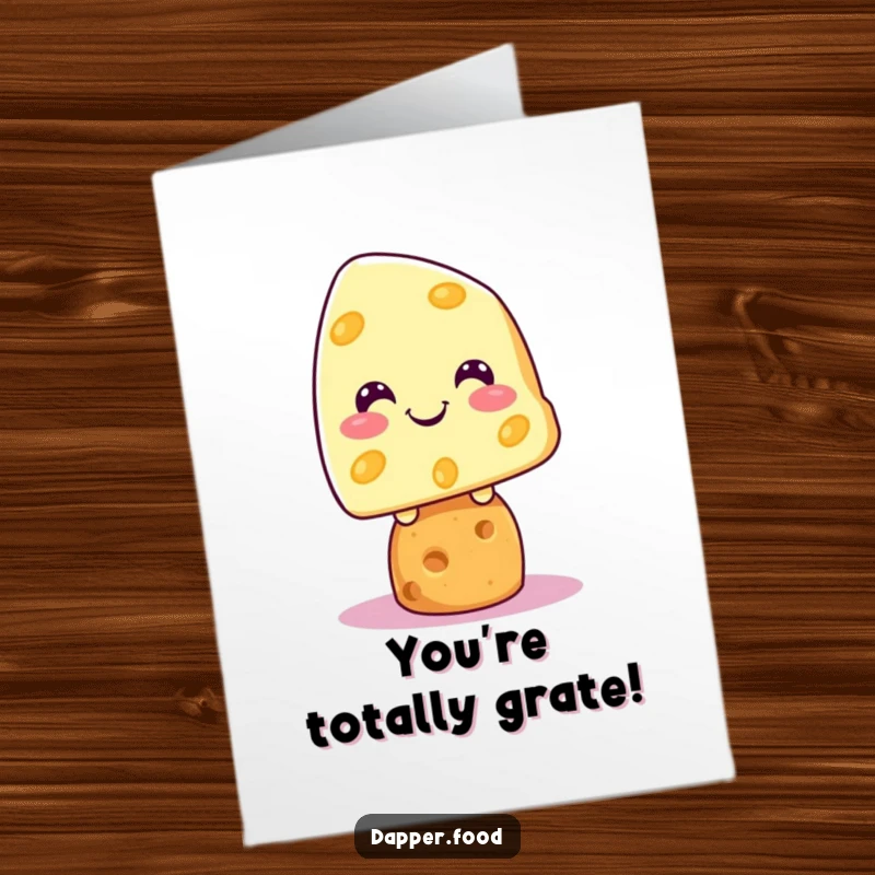 Funny Free Printable Congratulations Card: Grinning Kawaii cheese character confidently balanced on a cracker.