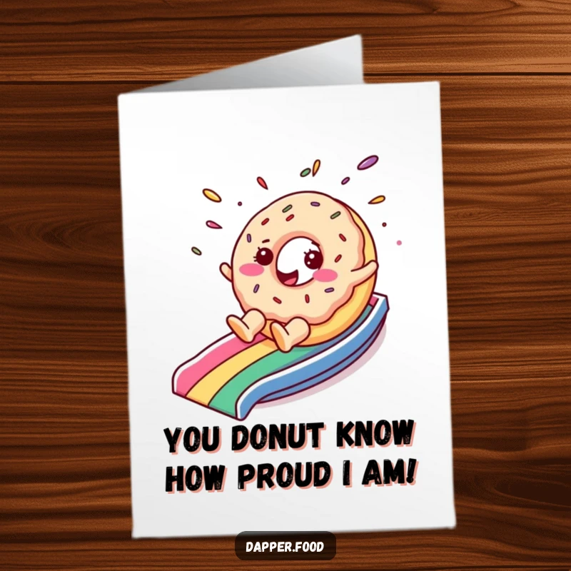 Funny free printable congratulations card featuring a donut sliding down a rainbow to celebrate sweet success.