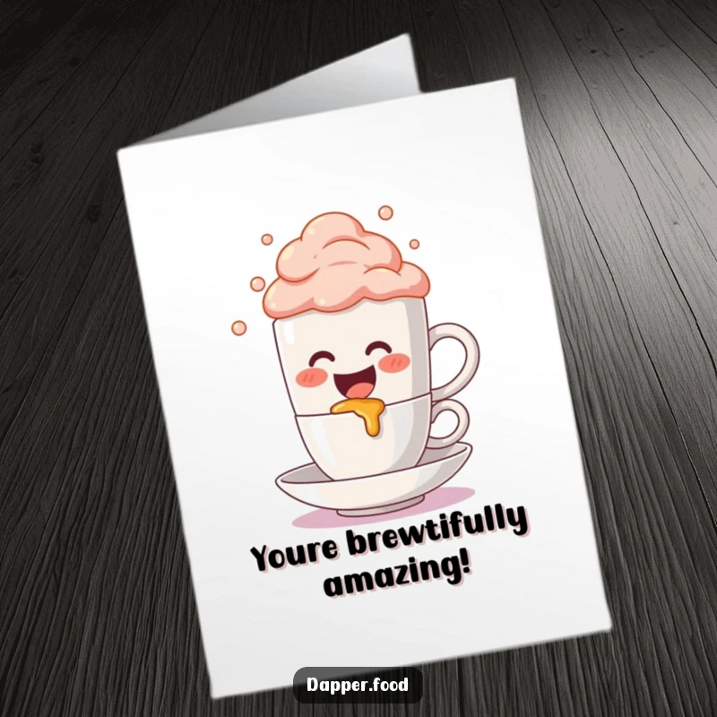 Funny Free Printable Congrats Card: A delighted coffee mug character spilling vibrant, effervescent foam onto a tiny saucer.