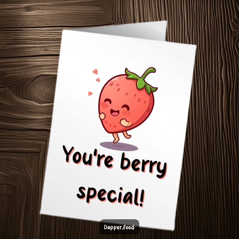 Funny Free Printable Congratulations Card: Giggling Kawaii strawberry character bouncing enthusiastically on its stem.