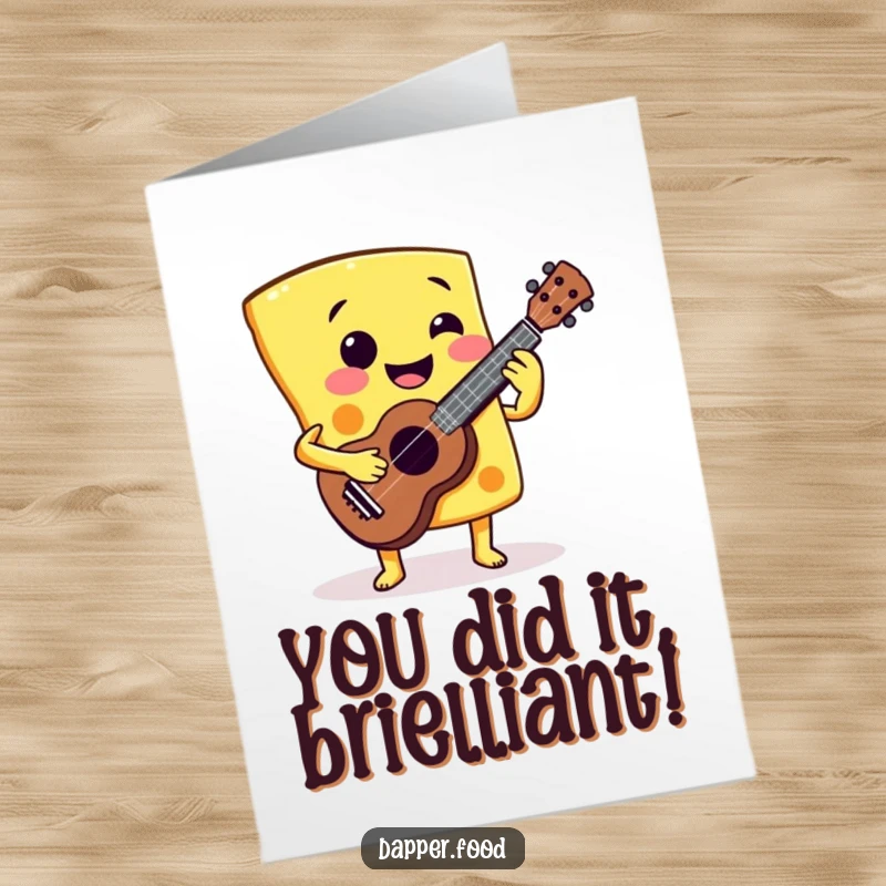 Funny Free Printable smiling cheese slice character enthusiastically playing a miniature ukulele. Congrats DIY gift.