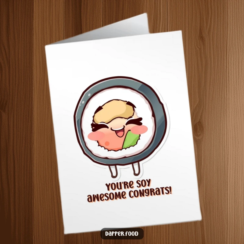 Funny Free Printable Congrats Card: Sushi roll character spinning happily, celebrating achievements. A delightful downloadable greeting.