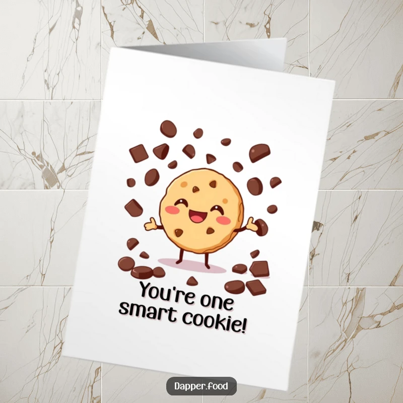 Funny free printable congratulations card showing a happy cookie dexterously juggling multiple chocolate chips.