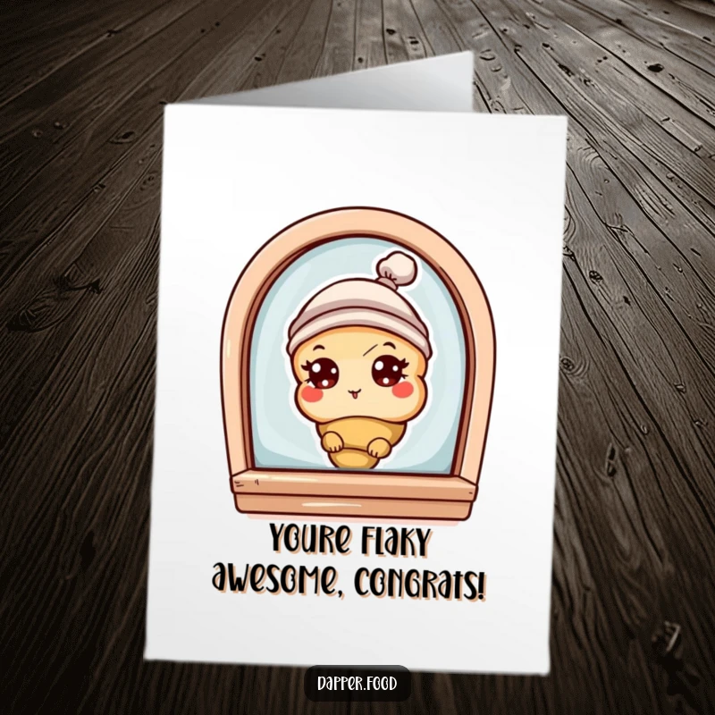 Funny Free Printable Congratulations Card: A curious croissant with eyes and hat peeks from a bakery window, celebrating a win.