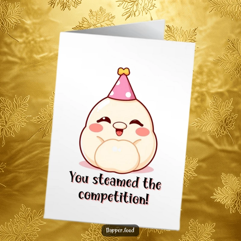 Funny Free Printable Dumpling Congratulations Card, a cheerful dumpling in a party hat winking, celebrating a big achievement with a playful gesture.