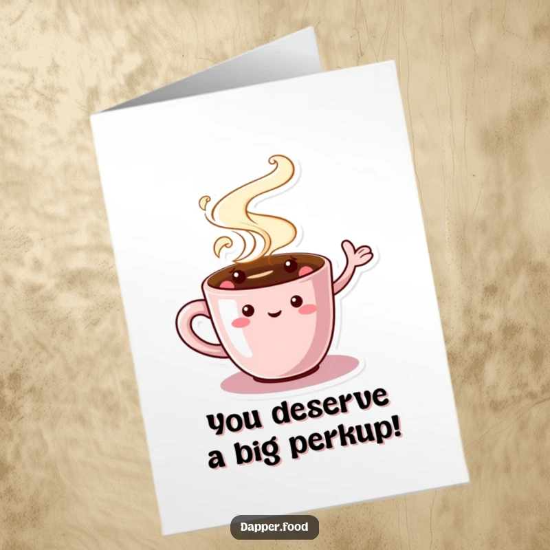 Funny Free Printable Congratulations Card: A charming coffee cup character, steam swirling, waving hello to celebrate achievements.