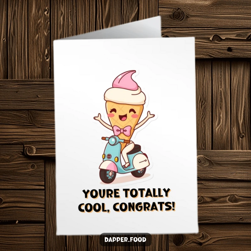 Funny Free Printable Congratulations Card: A happy ice cream cone character with arms wearing a bow rides a scooter, ideal for a humorous message.