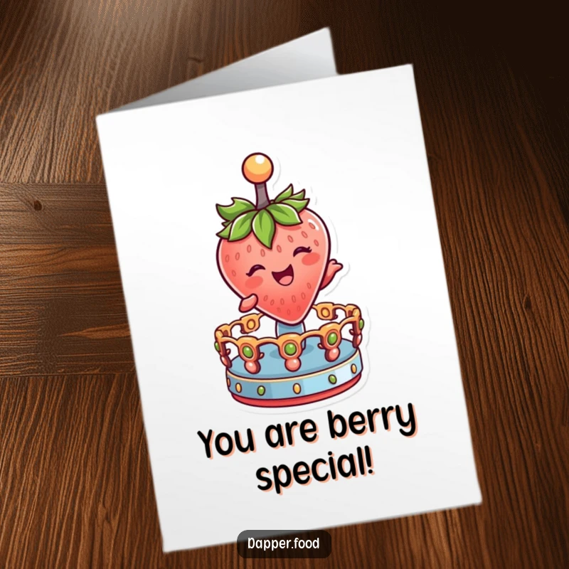 Funny Free Printable Congratulations Card: Strawberry character winking and joyfully spinning on a merry-go-round.