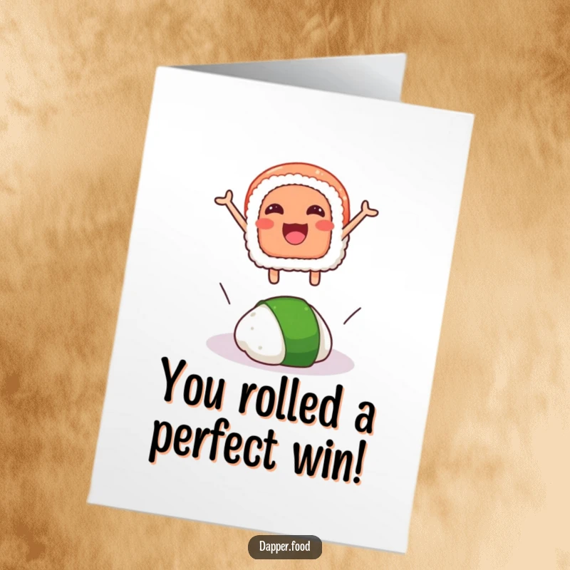 Funny free printable congratulations card showing a happy sushi slice mid-air, leaping over a startled wasabi glob.