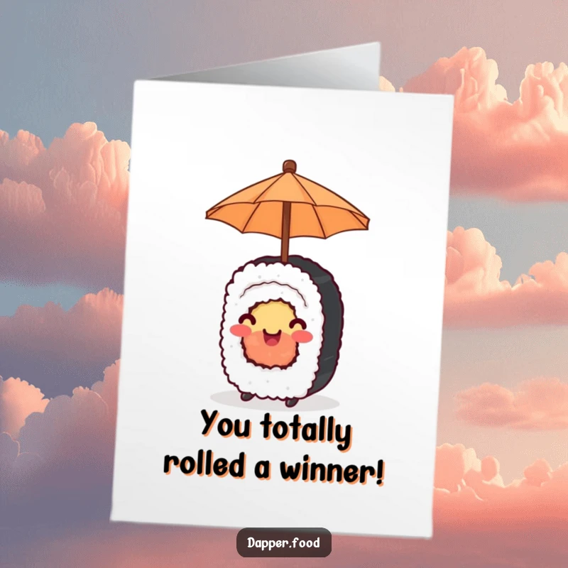 Funny Free Printable Congrats Card: A happy sushi roll under a tiny umbrella offers congratulations in a delightful way.