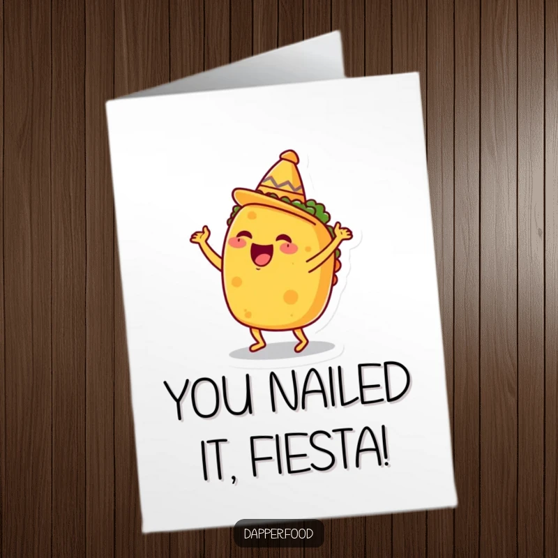 Funny free printable congratulations card featuring an ecstatic taco doing a happy dance, complete with a miniature sombrero, for a grand achievement.