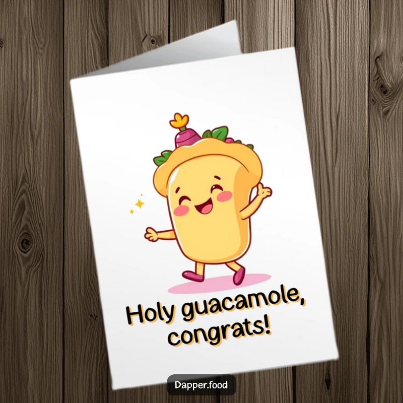 Funny Free Printable Congrats Card: Taco character dancing with castanets, celebrating success. A festive downloadable greeting.