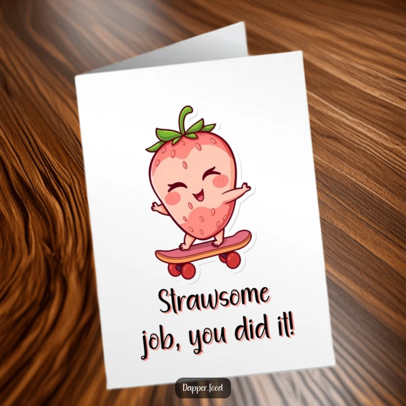 Funny Free Printable Congratulations Card: A winking strawberry character riding a tiny skateboard, celebrating achievement.