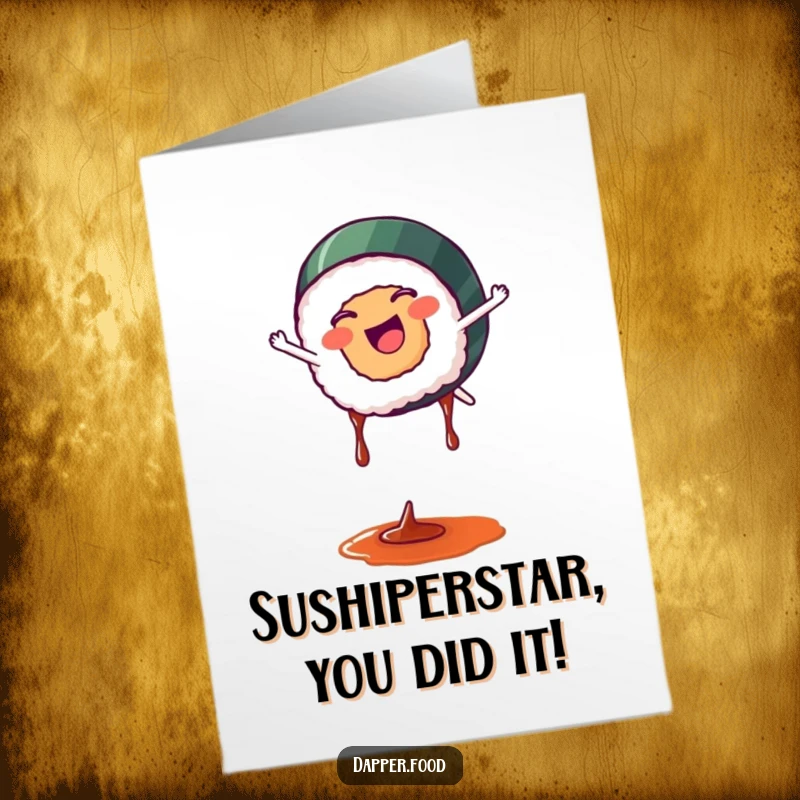 Funny Free Printable Congratulations Card: A sushi piece cartwheeling with soy sauce drips, celebrating an achievement.