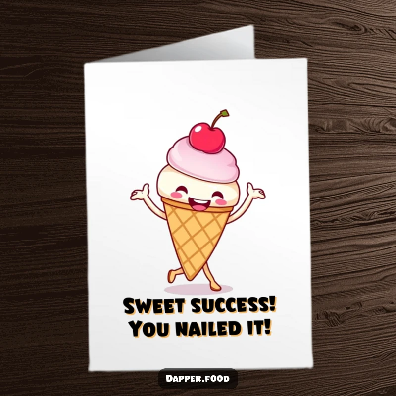 Funny Free Printable Congratulations Card: Cheerful ice cream cone with cherry performing a joyful jig, celebrating success.