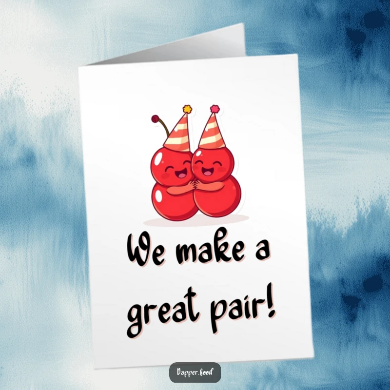 Funny Free Printable Congratulations Card: A pair of happy cherries wearing party hats, hugging joyfully.