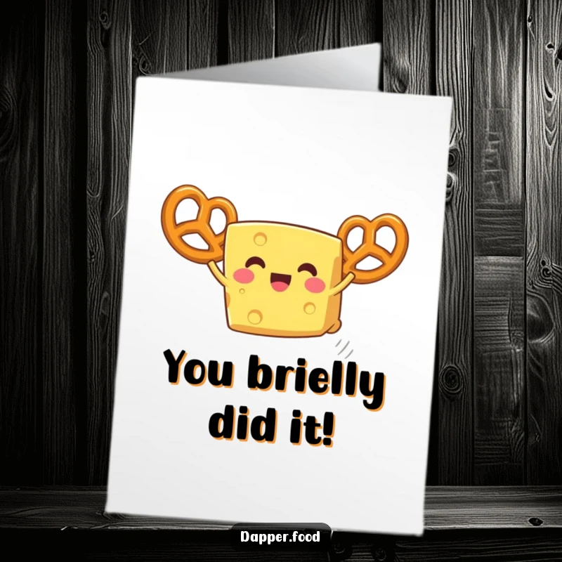 Funny Free Printable Cheese Congratulations Card, a happy cheese character with pretzel wings taking flight to celebrate a big achievement.