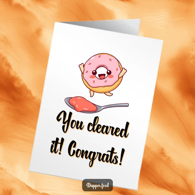 Free printable congratulations card: A cheerful Kawaii donut character mid-air, joyfully leaping over a spoonful of delicious jam.