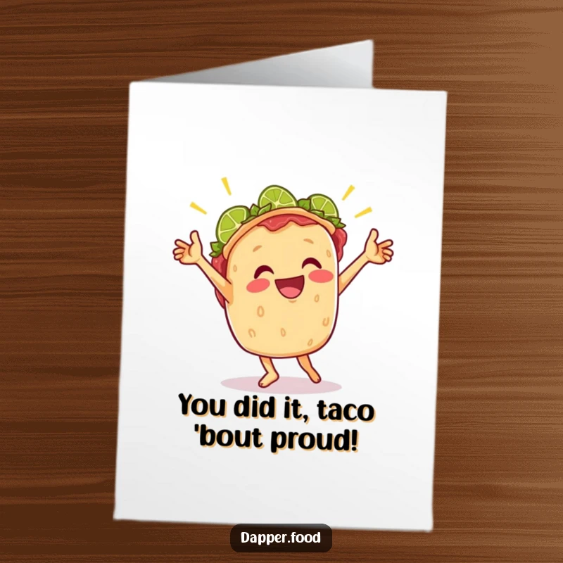Funny free printable congratulations card of a jubilant taco dancing energetically with lime wedges.