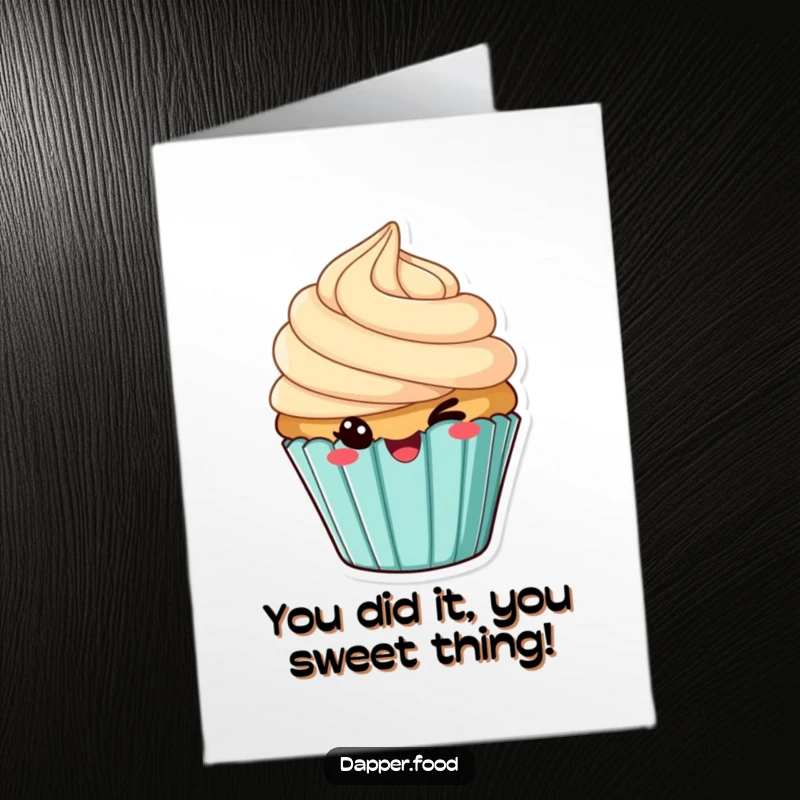 Funny Free Printable Congratulations Card: A cheeky cupcake with frosting tilted, winking with glee.