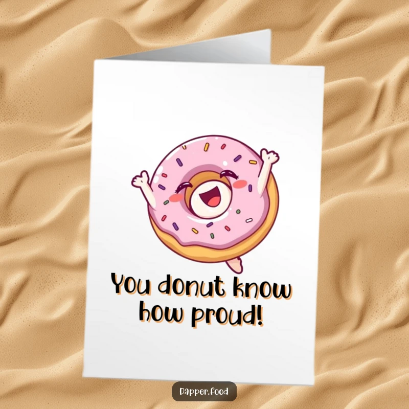 Funny Free Printable Congrats Card: Donut character with sprinkles doing a mid-air flip. A celebratory, downloadable treat.