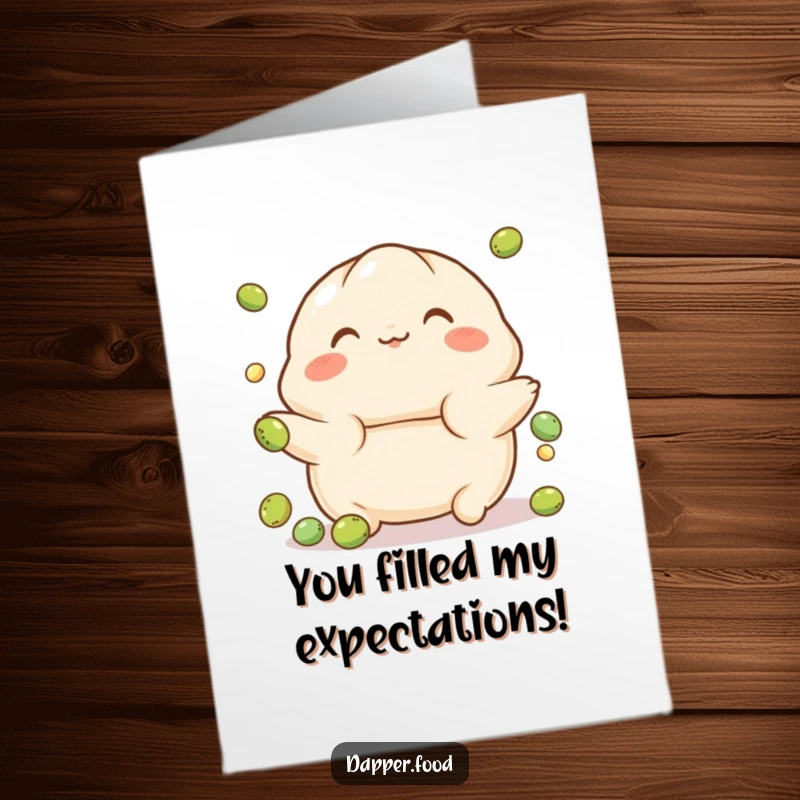 Funny Free Printable Congratulations Card: Playful dumpling character with rosy cheeks comically juggling small green peas with a cheerful expression.