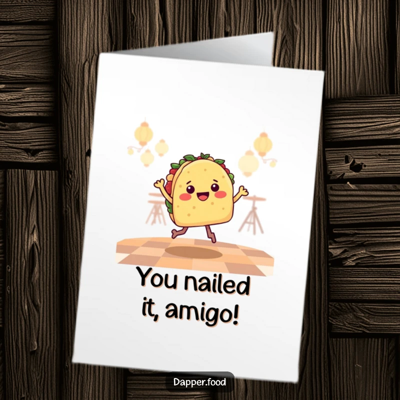Funny Free Printable Congratulations Card: Taco celebrating with a triumphant salsa dance jig.