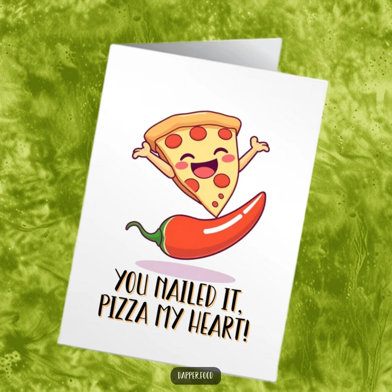 Funny free printable congratulations card: A pizza triumphantly leaping over a chili pepper, celebrating success.