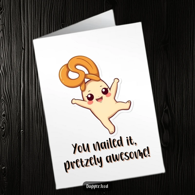 Funny Free Printable Congratulations Card: A cheerful pretzel character doing a cartwheel with an ecstatic look.