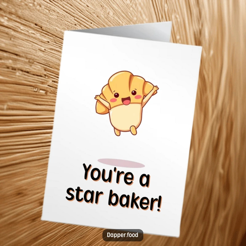 Funny Free Printable Congratulations Card: Joyful Kawaii croissant character performing a cartwheel, celebrating success.