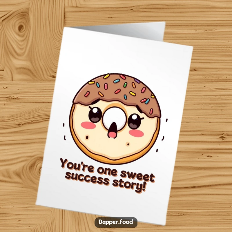 Funny Free Printable Congrats Card: Surprised doughnut character with sprinkles raining down, celebrating success joyfully, downloadable art.