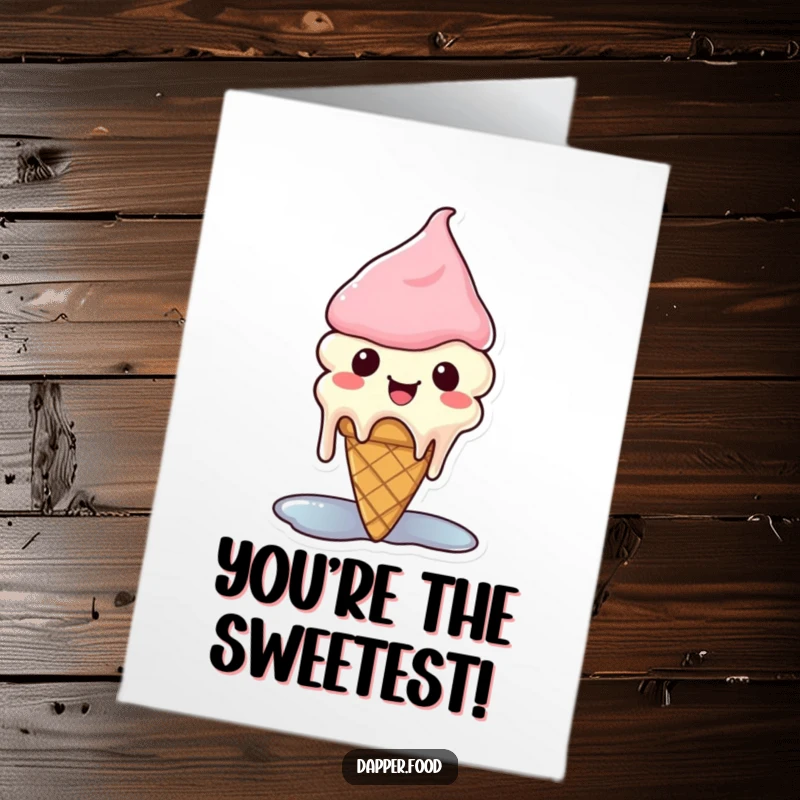 Funny Free Printable Congrats Card: A Kawaii ice cream cone melting happily, symbolizing pure joy and sweet success, perfect for congrats.