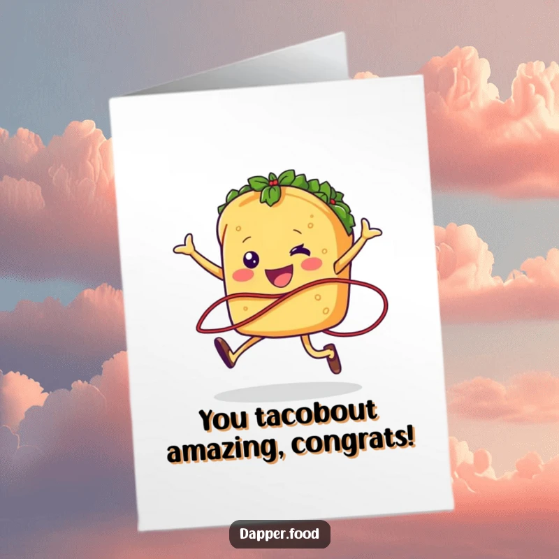 Funny Free Printable Taco Congratulations Card: A cheerful taco character with legs energetically jumping rope with a salsa strand, celebrating a big win.
