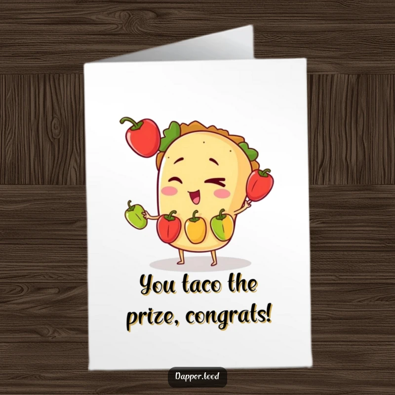 Funny Free Printable Congrats Card: Winking taco character juggling bell peppers, celebrating success with flair, downloadable art.