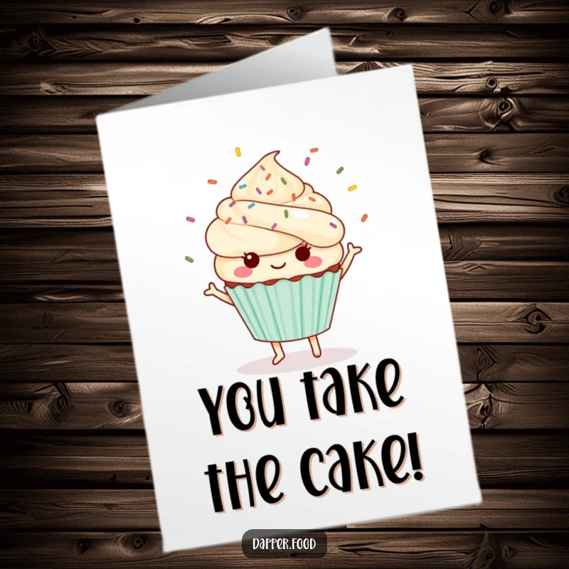 Funny Free Printable Congrats Card: A cheerful Kawaii cupcake doing a happy dance with colourful sprinkles exploding outwards, celebrating success.