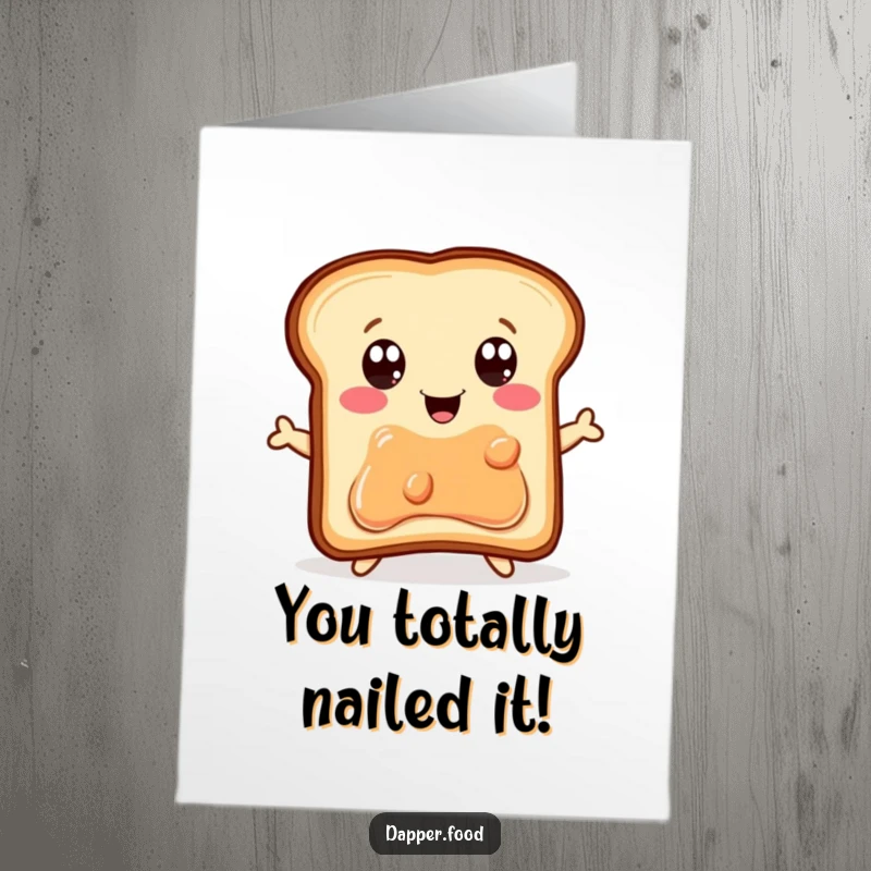 Funny free printable congratulations card: a delighted piece of toast with eyes eagerly jumps for a jelly jar, achieving a delicious goal.