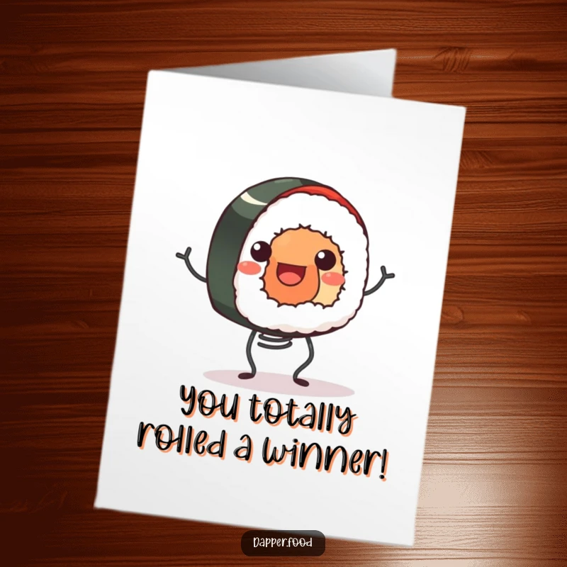 Funny Free Printable Congrats Card: A smiling sushi roll bouncing energetically on spring legs, celebrating.
