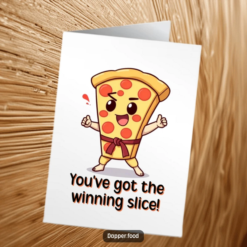 Funny Free Printable Congratulations Card: Enthusiastic Kawaii pizza slice character delivering a winning karate chop.
