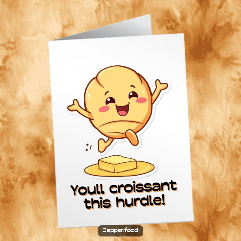 Funny Free Printable Congratulations Card: Grinning croissant character performing an epic leap over a butter puddle.
