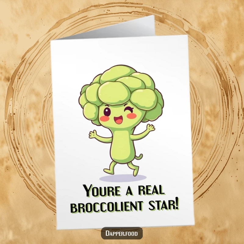 Funny Free Printable Congratulations Card: A beaming broccoli floret character doing a happy jig to celebrate someone's fantastic achievement.