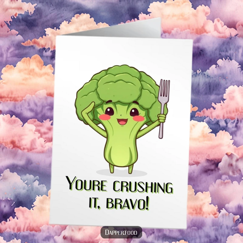 Funny Free Printable Congratulations Card: A proud broccoli floret with arms salutes with a tiny fork, celebrating success.