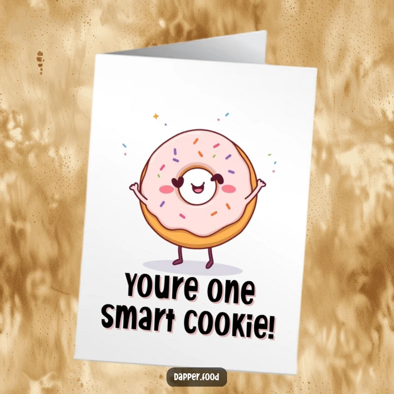 Funny Free Printable happy donut character dancing with tiny sprinkles showering down. Congrats DIY gift.