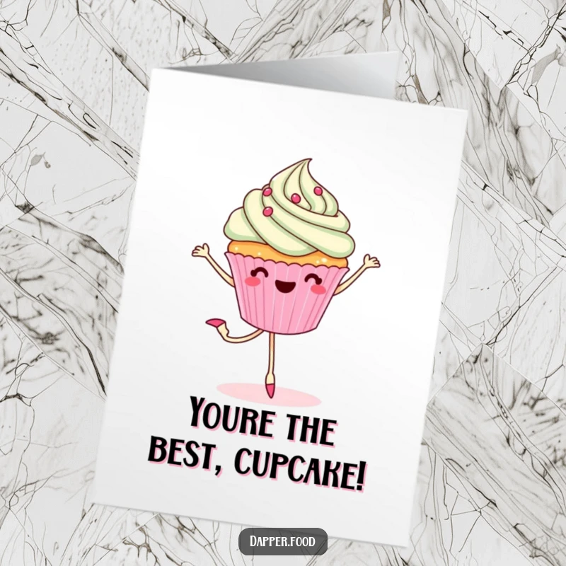 Funny Free Printable Congrats Card: Happy Cupcake with Legs Doing a Ballet Pirouette, Celebrating Success
