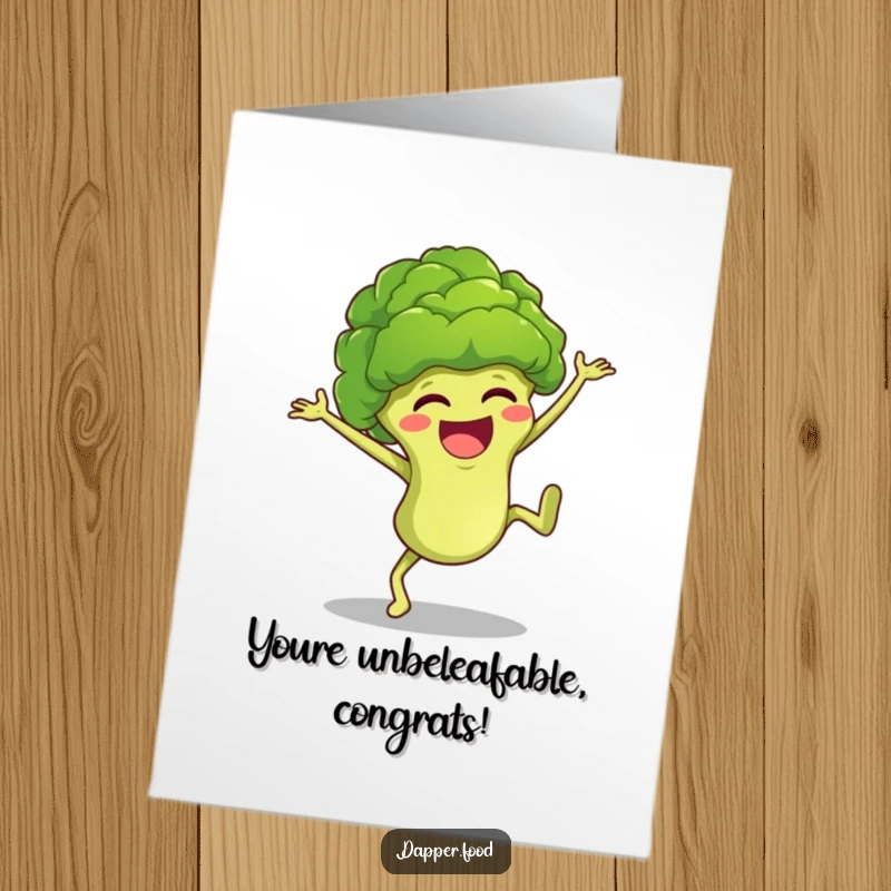 Funny Free Printable Congratulations Card: Giggling broccoli floret performing an energetic cartwheel to celebrate your success.